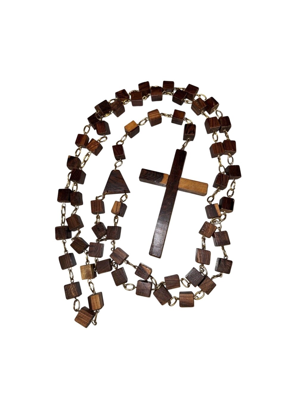 rosary 5 Foot Wooden Cubed vintage Wall Hanging Decor Brown Gold Christian Cross